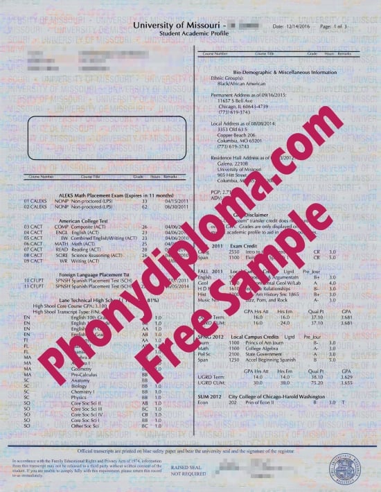Usa University Of Missouri Actual Match Transcripts Free Sample From Phonydiploma · United States