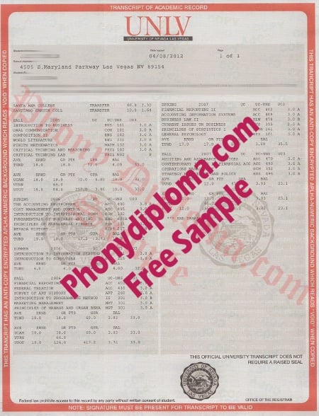 Usa University Of Nevada Las Vegas Actual Match Transcripts Free Sample From Phonydiploma · United States