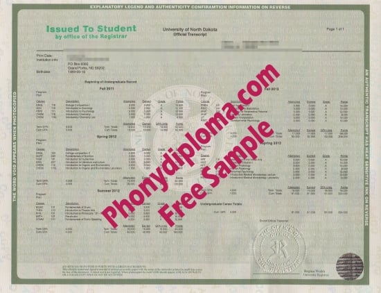 Usa University Of North Dakota Actual Match Transcripts Free Sample From Phonydiploma · United States