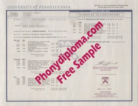 Usa University Of Pennsylvania Actual Match Transcript Free Sample From Phonydiploma · United States