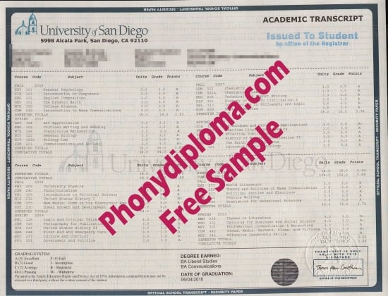 Usa University Of San Diego Actual Match Transcript  Free Sample From Phonydiploma · United States