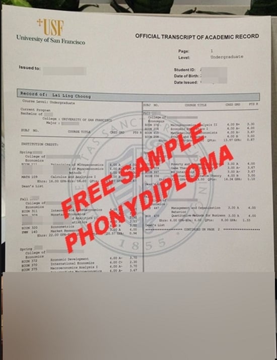 Usa University Of San Francisco Actual Match Transcript Free Sample From Phonydiploma · United States