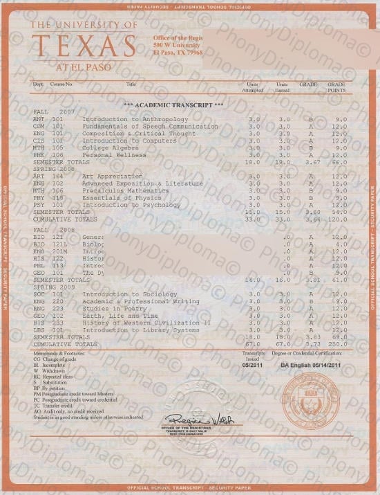 Usa University Of Texas At El Paso House Design Transcript Free Sample From Phonydiploma · United States