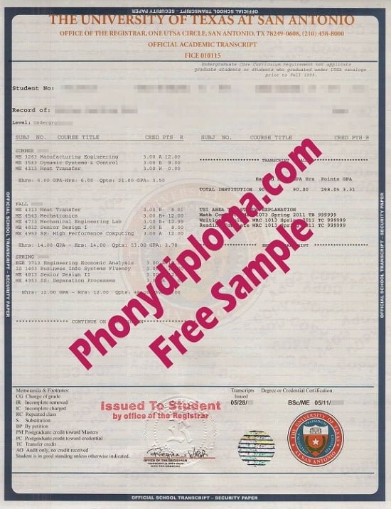 Usa University Of Texas At San Antonio Actual Match Transcript Free Sample From Phonydiploma · United States