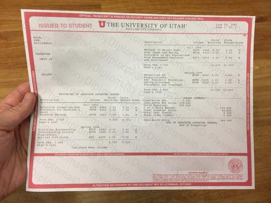 Usa University Of Utah Actual Match Transcript Free Sample From Phonydiploma · United States