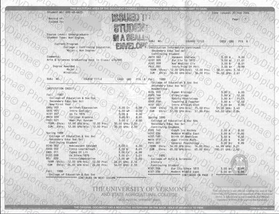 Usa University Of Vermont Actual Match Transcript Free Sample From Phonydiploma · United States