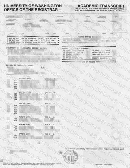 Usa University Of Washington Actual Match Transcript Free Sample From Phonydiploma · United States