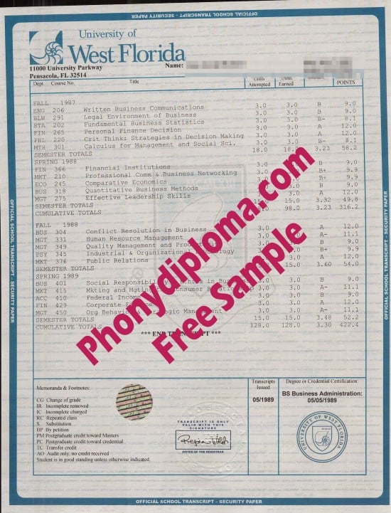 Usa University Of West Florida House Desiogn Transcript Free Sample From Phonydiploma · United States