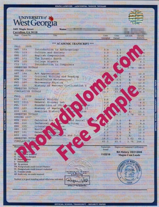 Usa University Of West Georgia House Design Transcript Free Sample From Phonydiploma · United States
