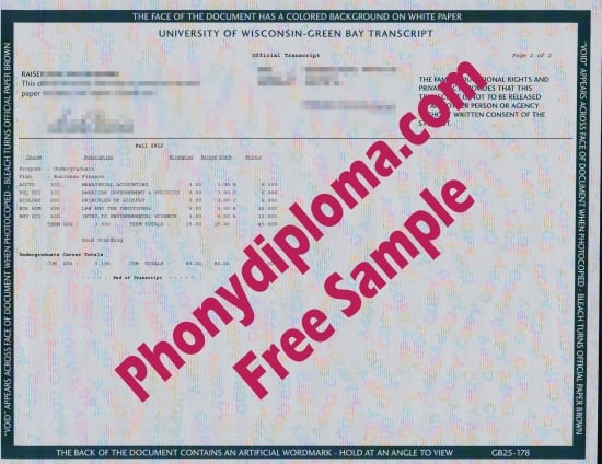 Usa University Of Wisconsin Green Bay Actual Match Transcript Free Sample From Phonydiploma · United States