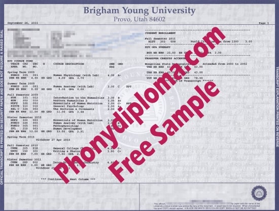 Usa Utah Brigham Young University Actual Match Transcripts Free Sample From Phonydiploma · United States