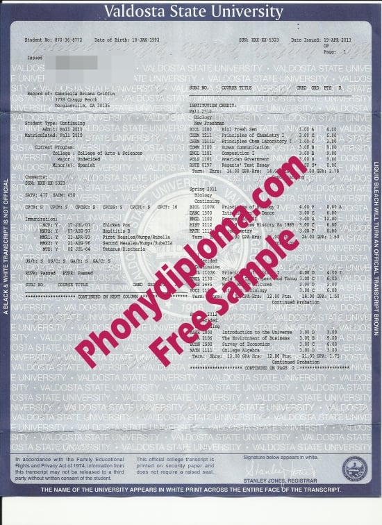 Usa Valdosta State University Actual Match Transcript Free Sample From Phonydiploma · United States