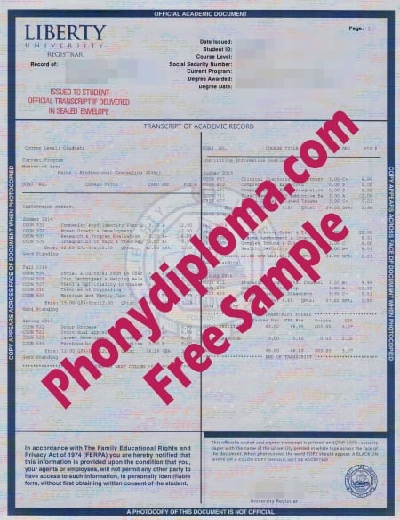 Usa Virginia Liberty University Actual Match Transcript Free Sample From Phonydiploma · United States