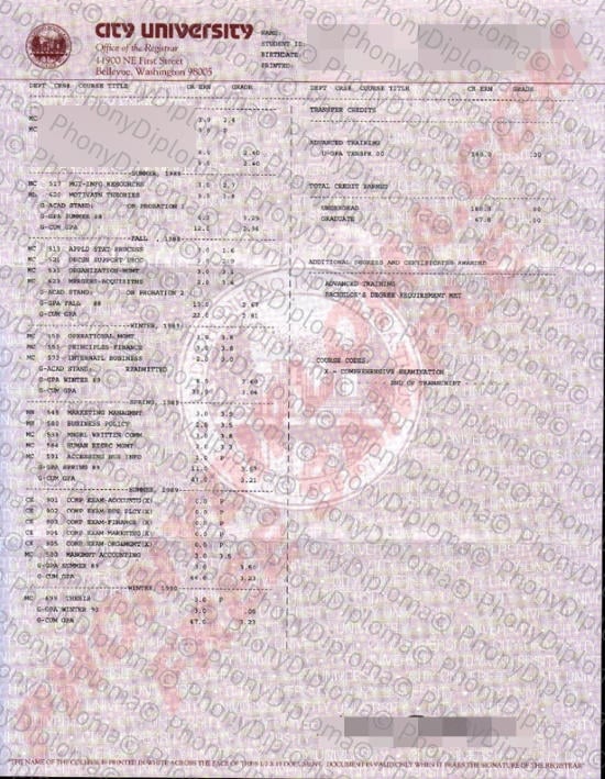 Usa Washington City University Seattle Actual Match Tanscripts Free Sample From Phonydiploma · United States