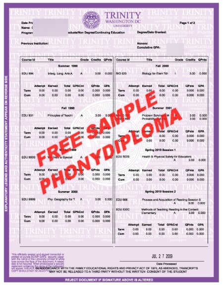 Usa Wasnington Trinity University Actual Match Transcript Free Sample From Phonydiploma · United States