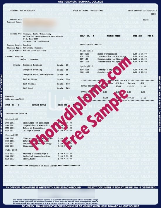 Usa West Georgia Technical College Actual Match Transcript Free Sample From Phonydiploma · United States