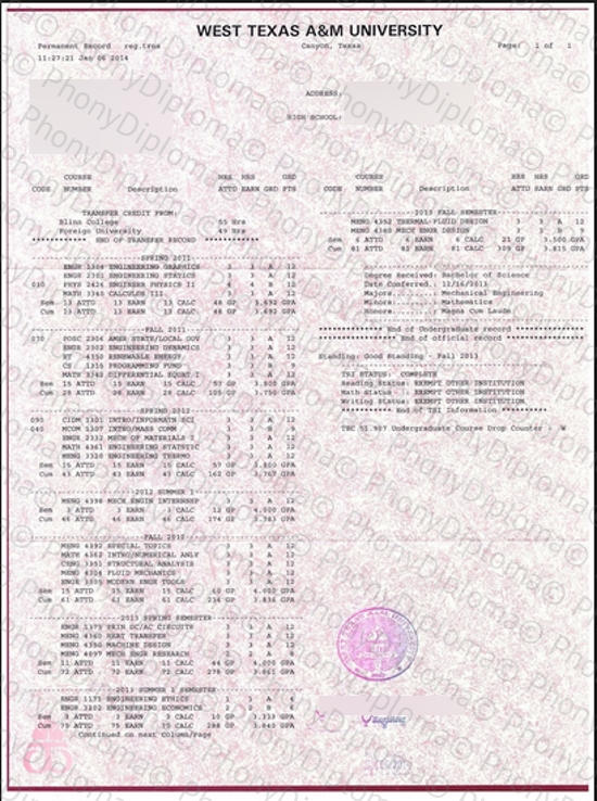 Usa West Texas A&M Actual Match Transcript Free Sample From Phonydiploma · United States