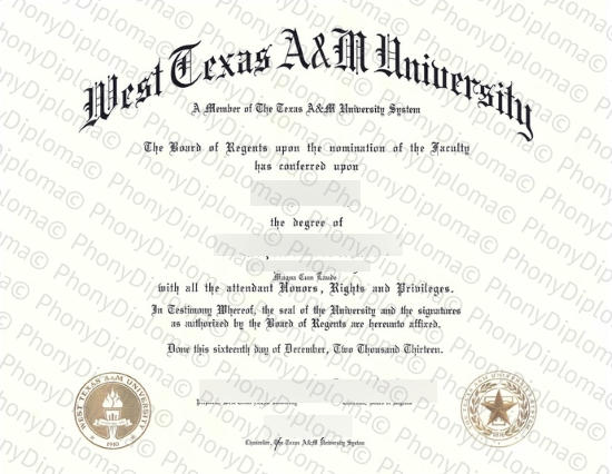 Usa West Texas A&M University Free Sample From Phonydiploma · United States