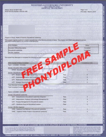 Usa Western Governors University Actual Match Transcript Free Sample From Phonydiploma · United States