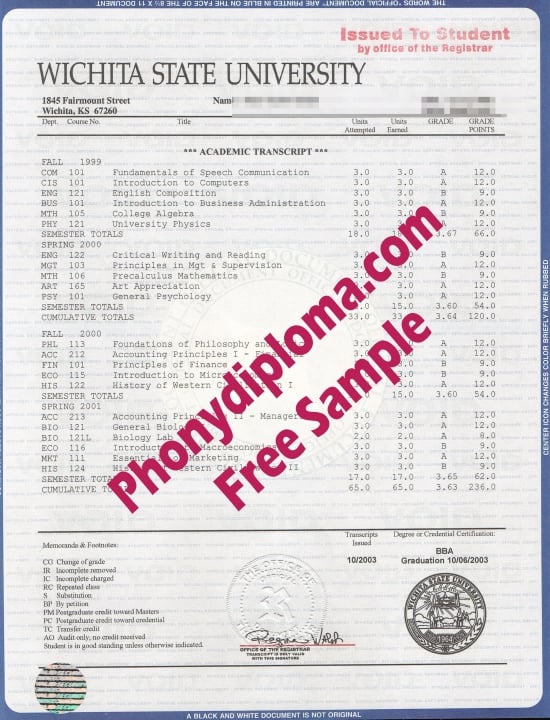 Usa Wichita State University House Design Transcript Free Sample From Phonydiploma · United States