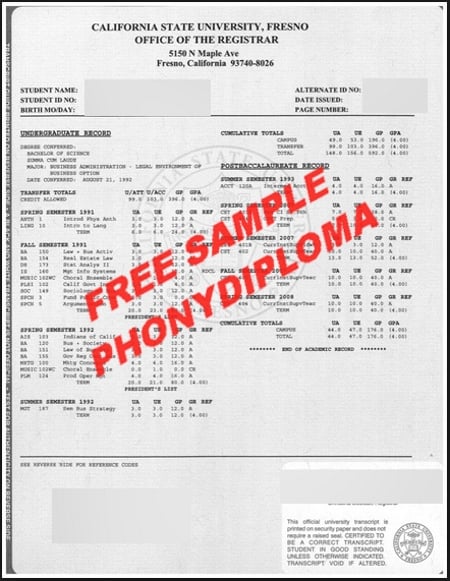Usa California State University Fresno Actual Match Transcript Free Sample From Phonydiploma · United States