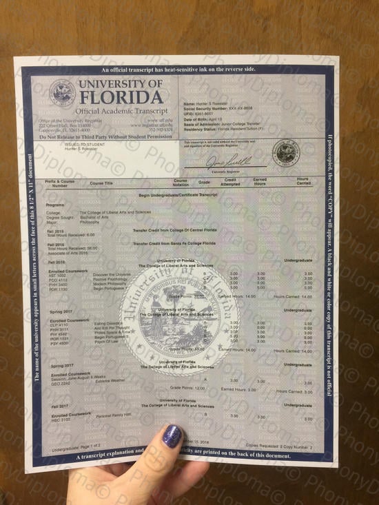Usa University Of Florida Free Sample From Phonydiploma · United States