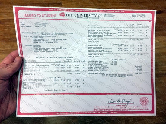 Utah Actual Match Transcript Free Sample From Phonydiploma · United States