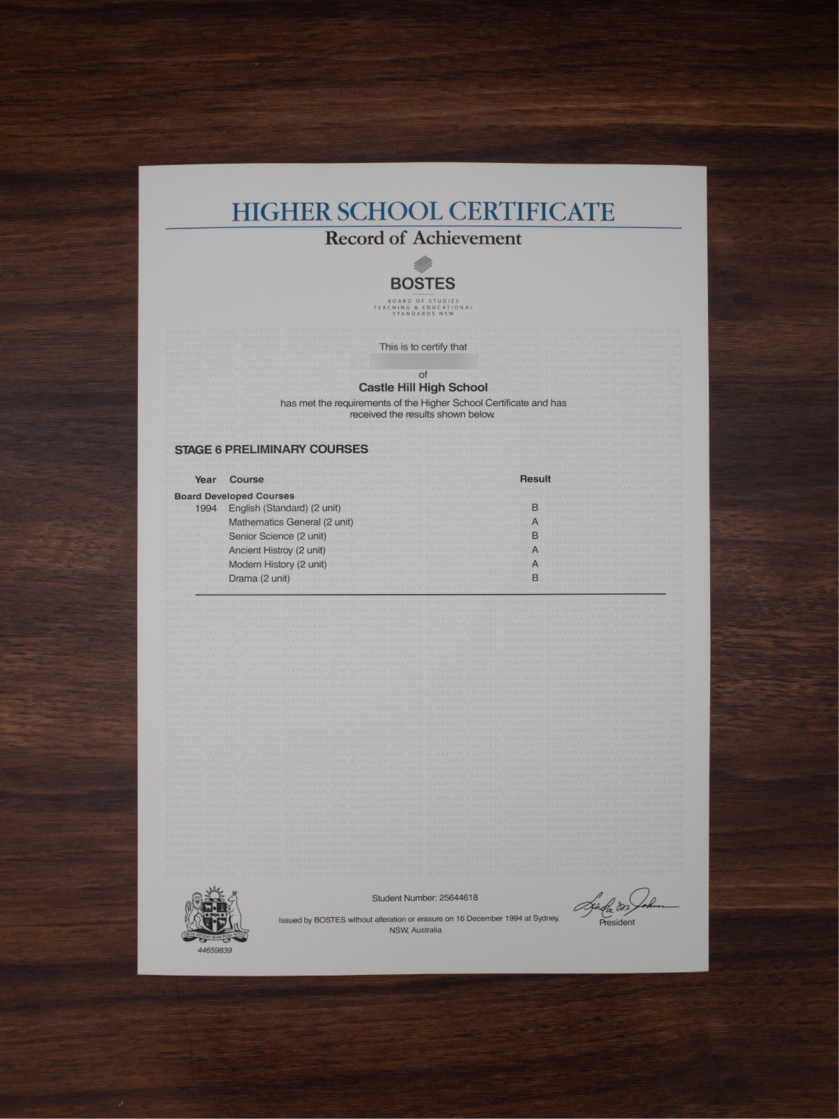 Australia HSC record of achievement sample