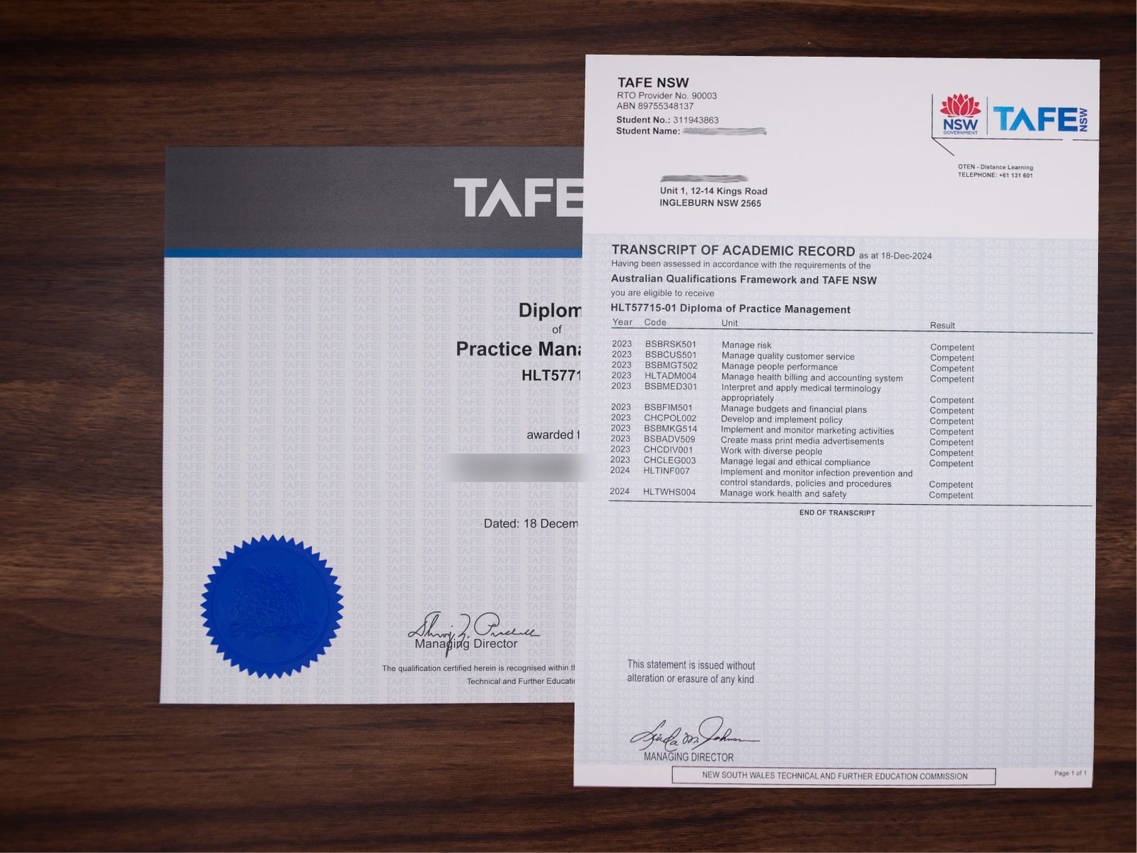 Australian TAFE certificate and transcript sample
