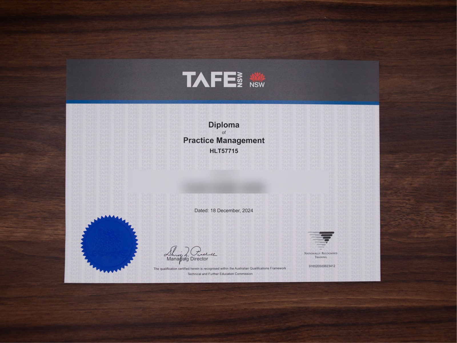Australian TAFE certificate sample