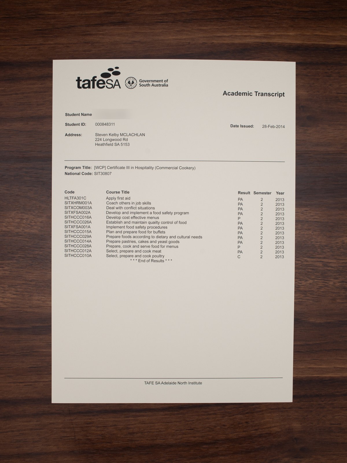 Australian TAFE transcript sample