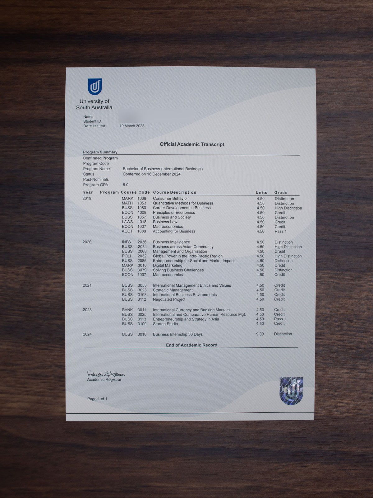Australian university transcript sample