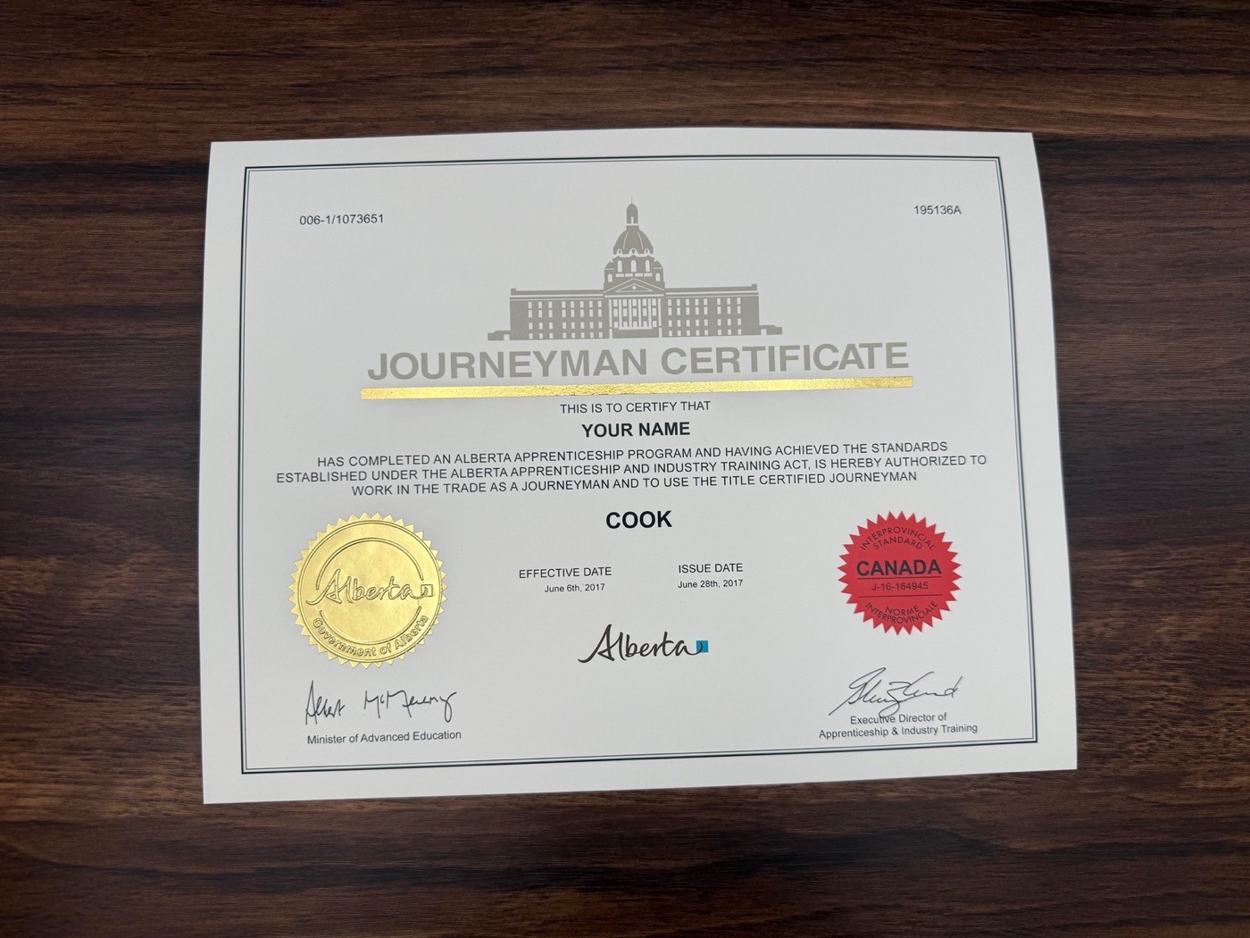 Canada Red Seal certificate sample