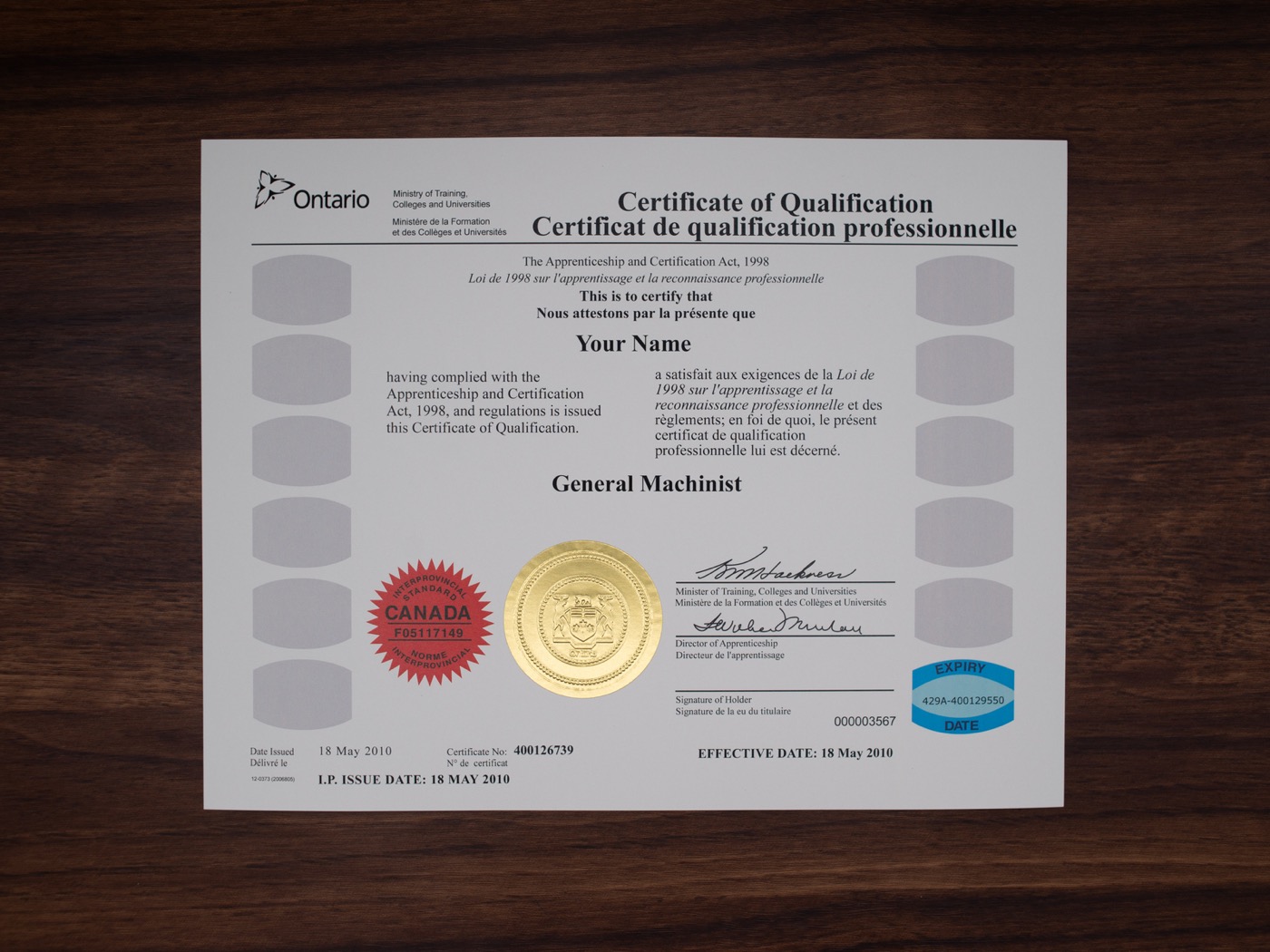 Ontario Red Seal certificate sample