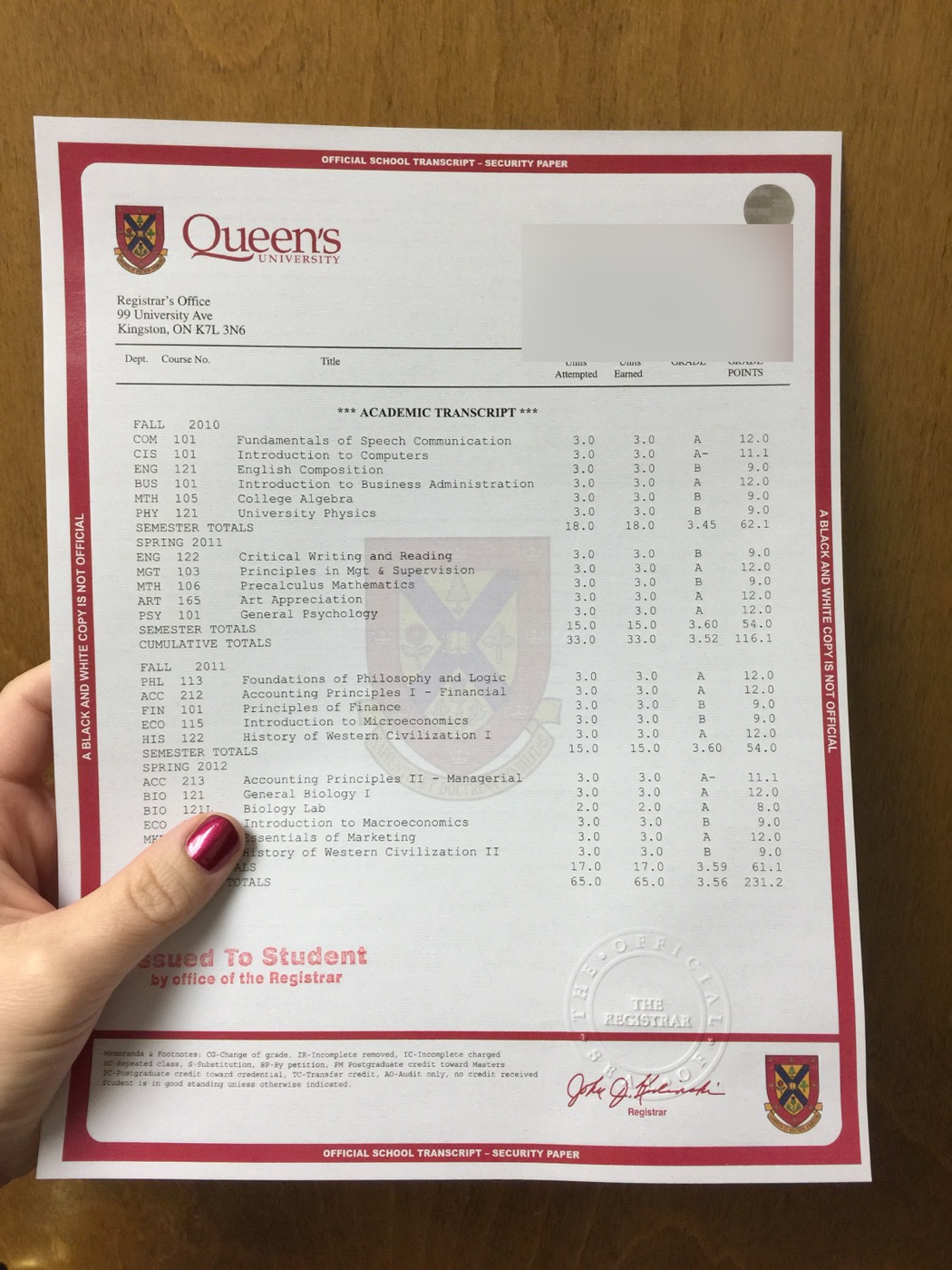 Canada college stock transcript sample