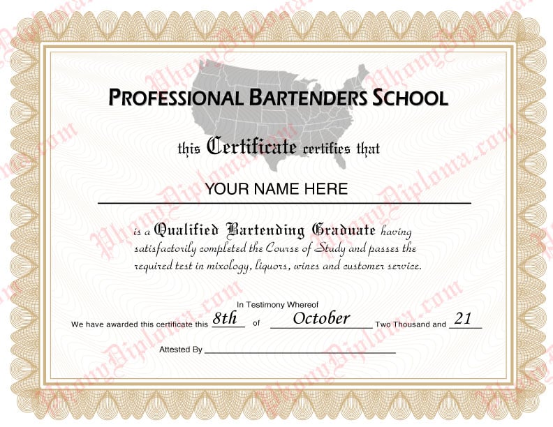 Bartender training certificate sample