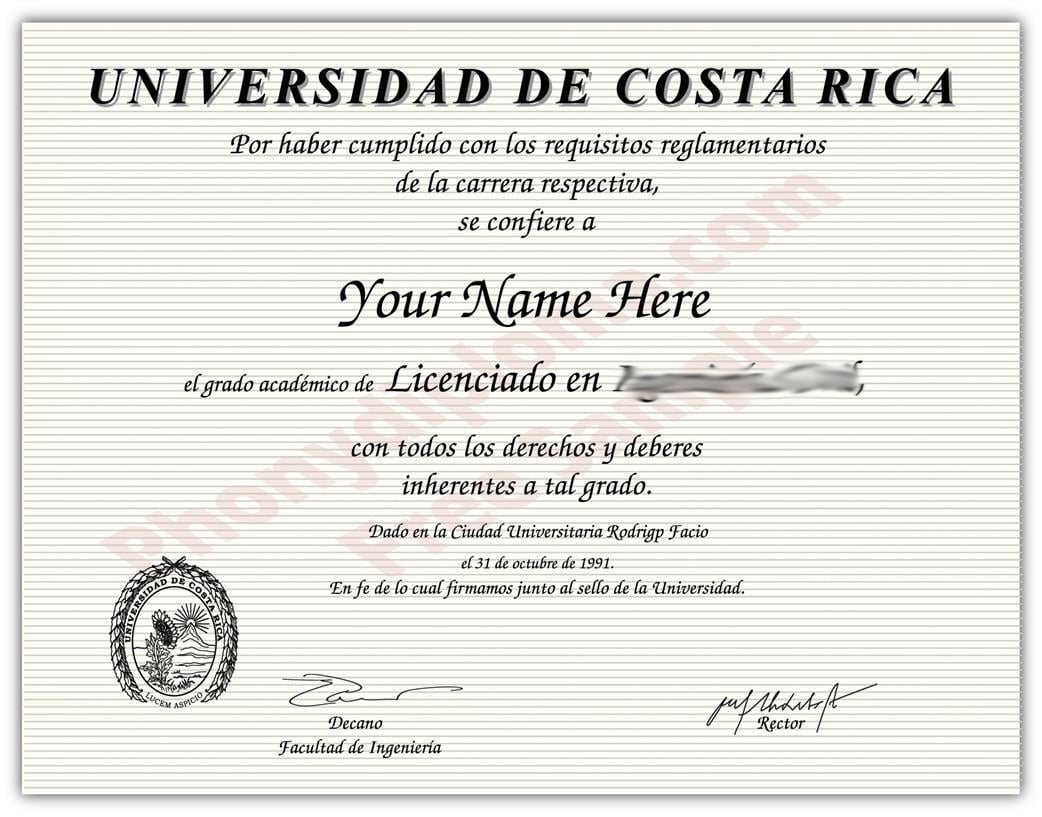 Costa Rica precise match diploma and transcript set sample