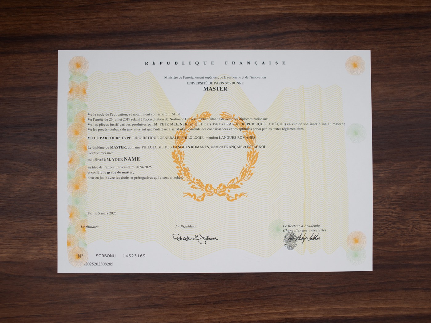 Université de Paris Sorbonne precise match diploma sample