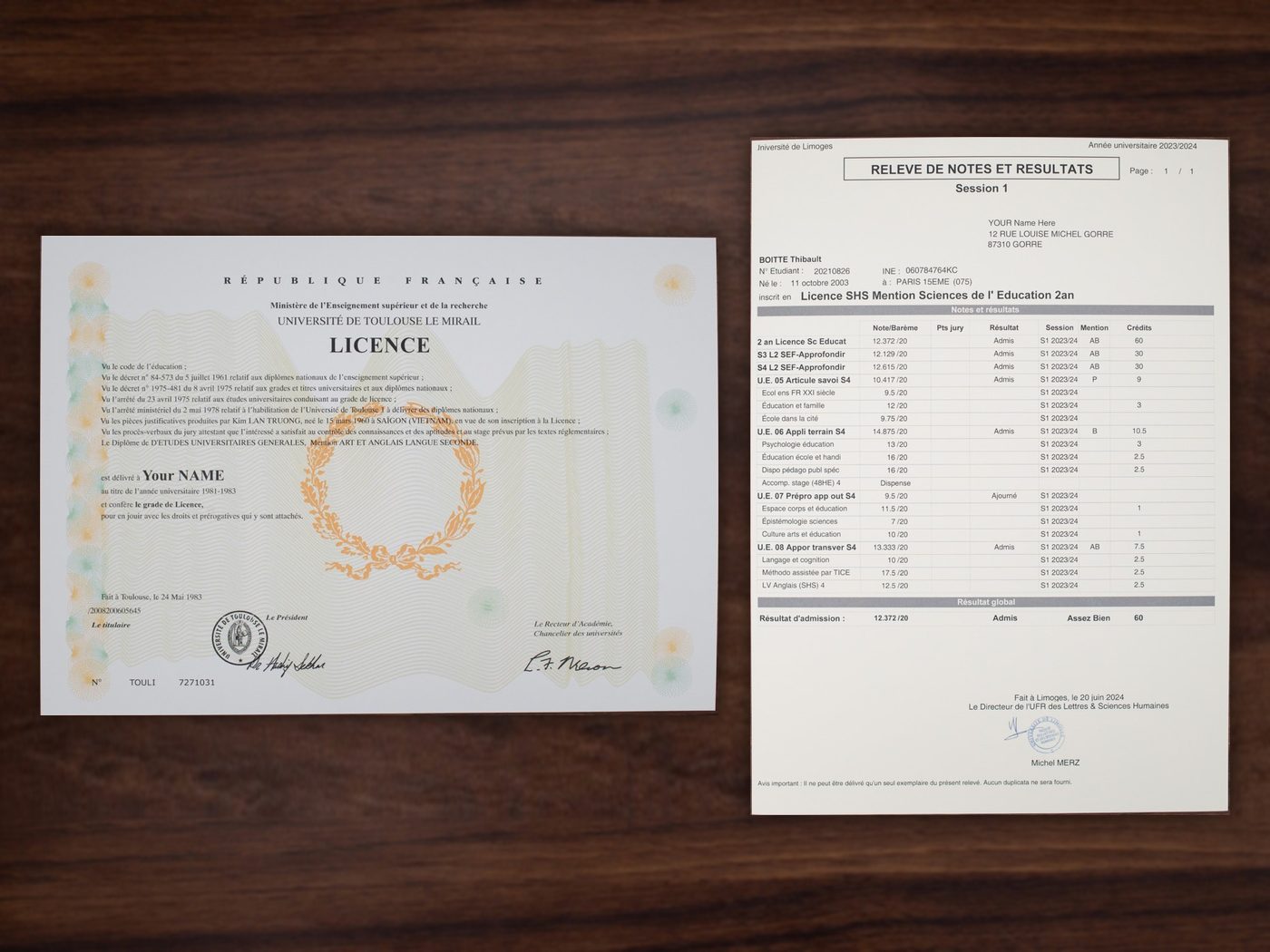 University of Toulouse diploma and Université de Limoges relevé de notes set sample