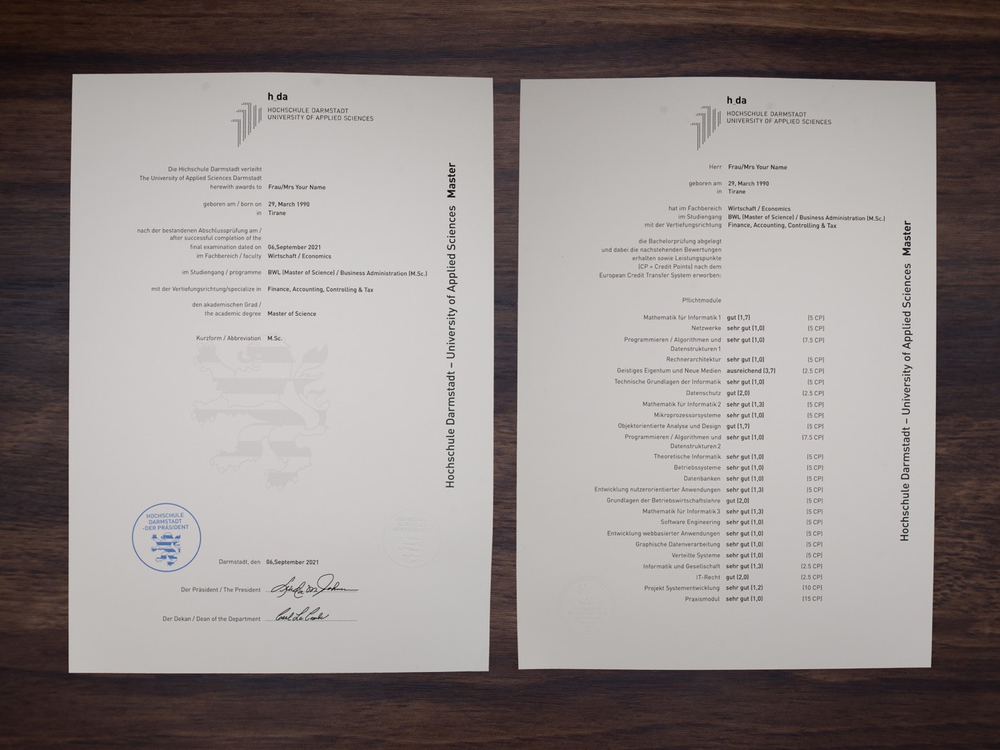 Hochschule Darmstadt diploma and transcript double match sample