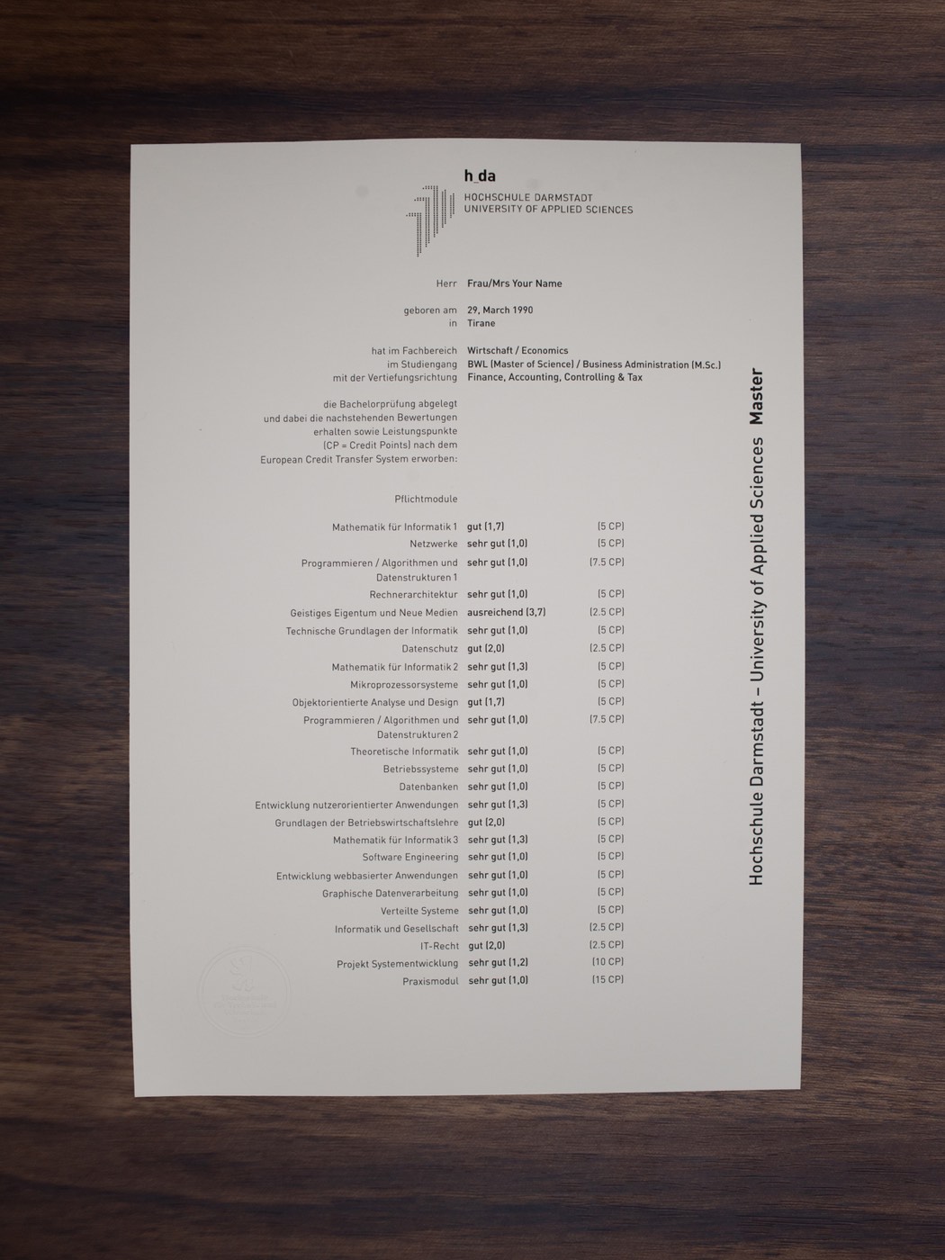 Hochschule Darmstadt transcript sample
