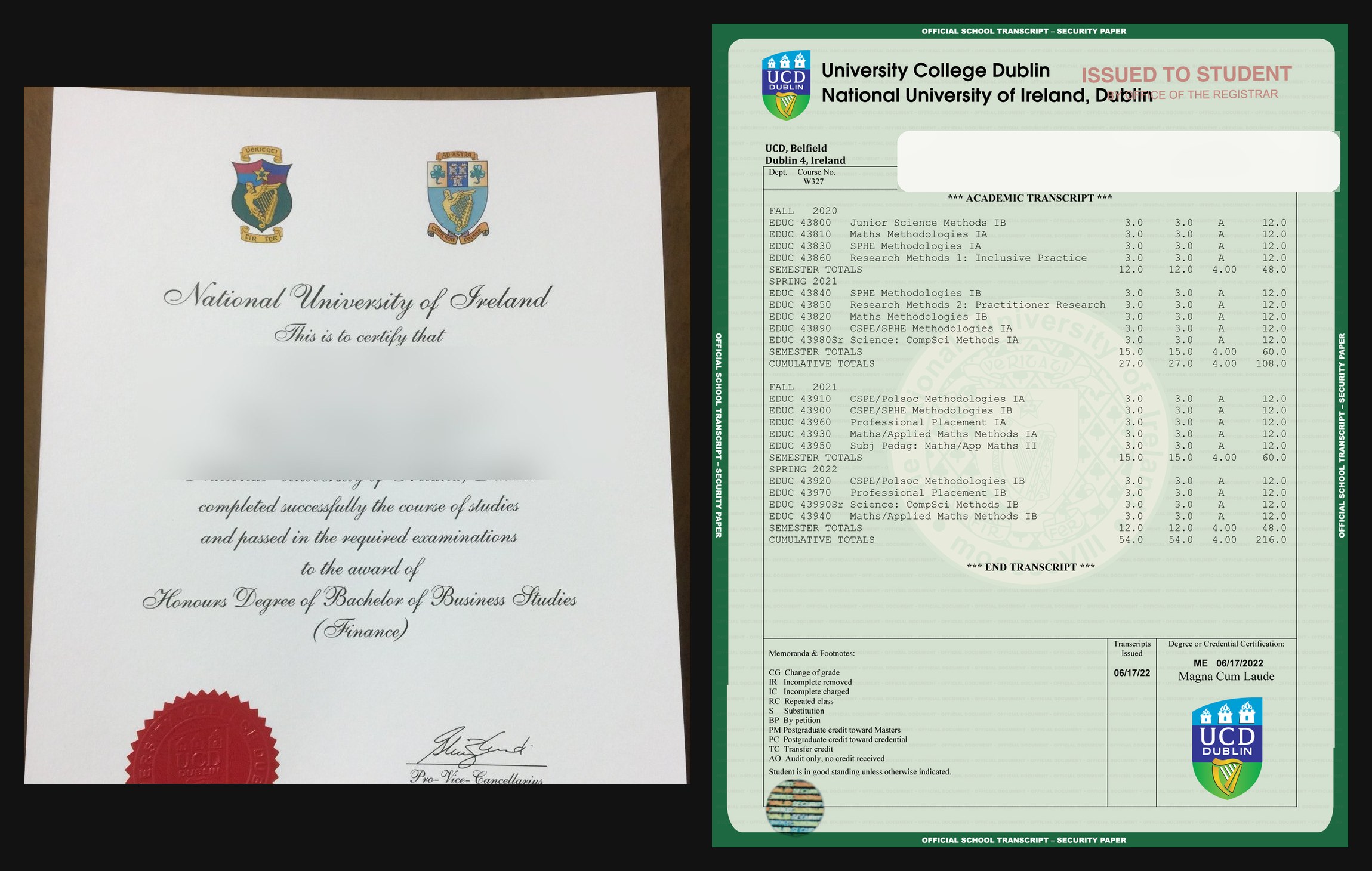 National University of Ireland diploma and University College Dublin transcript sample