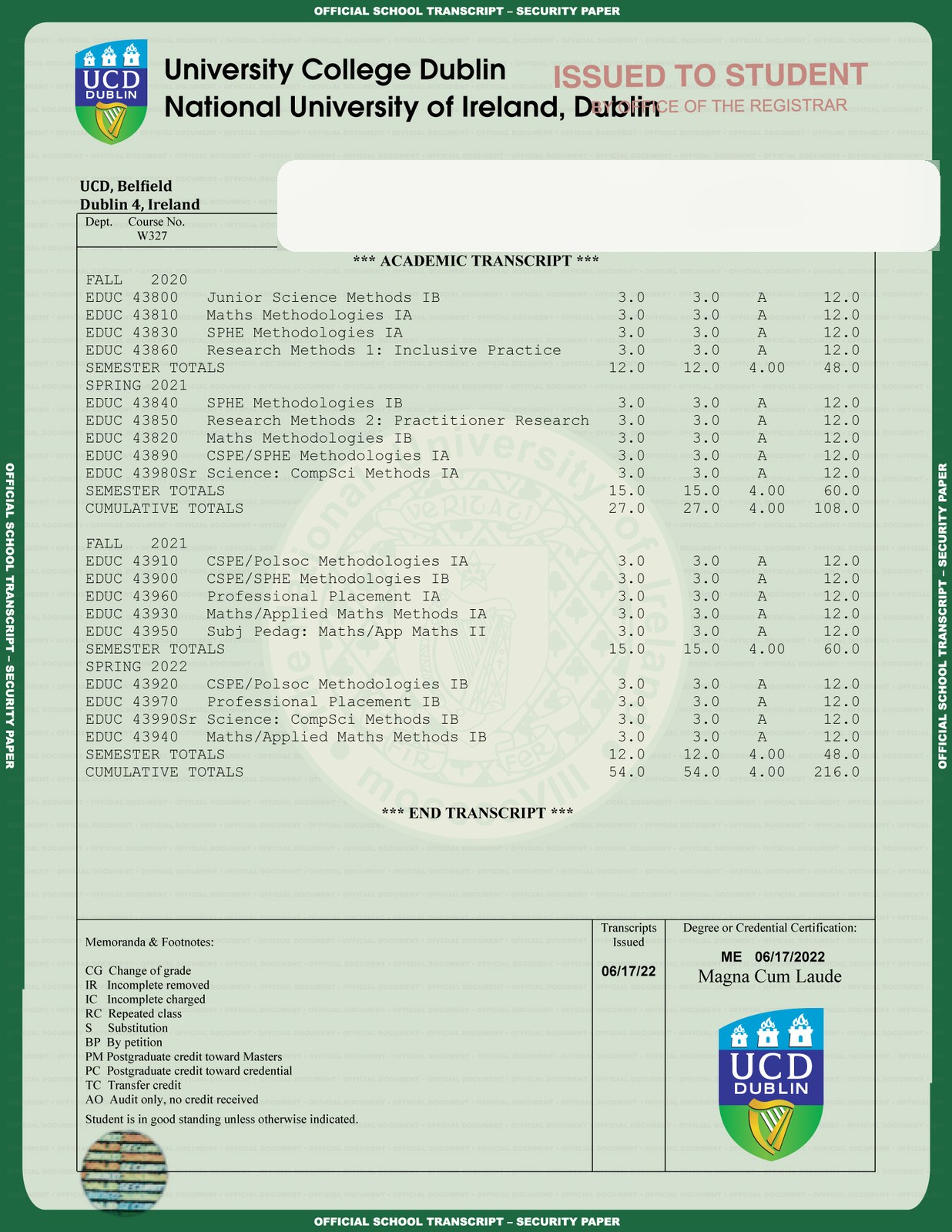 University College Dublin transcript sample