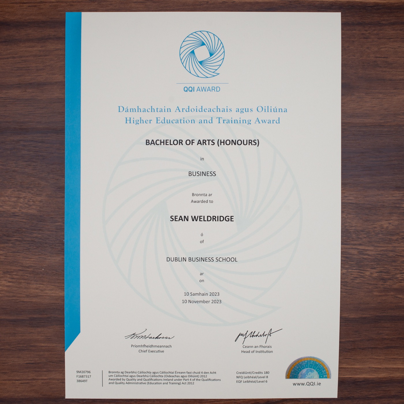 QQI award certificate sample