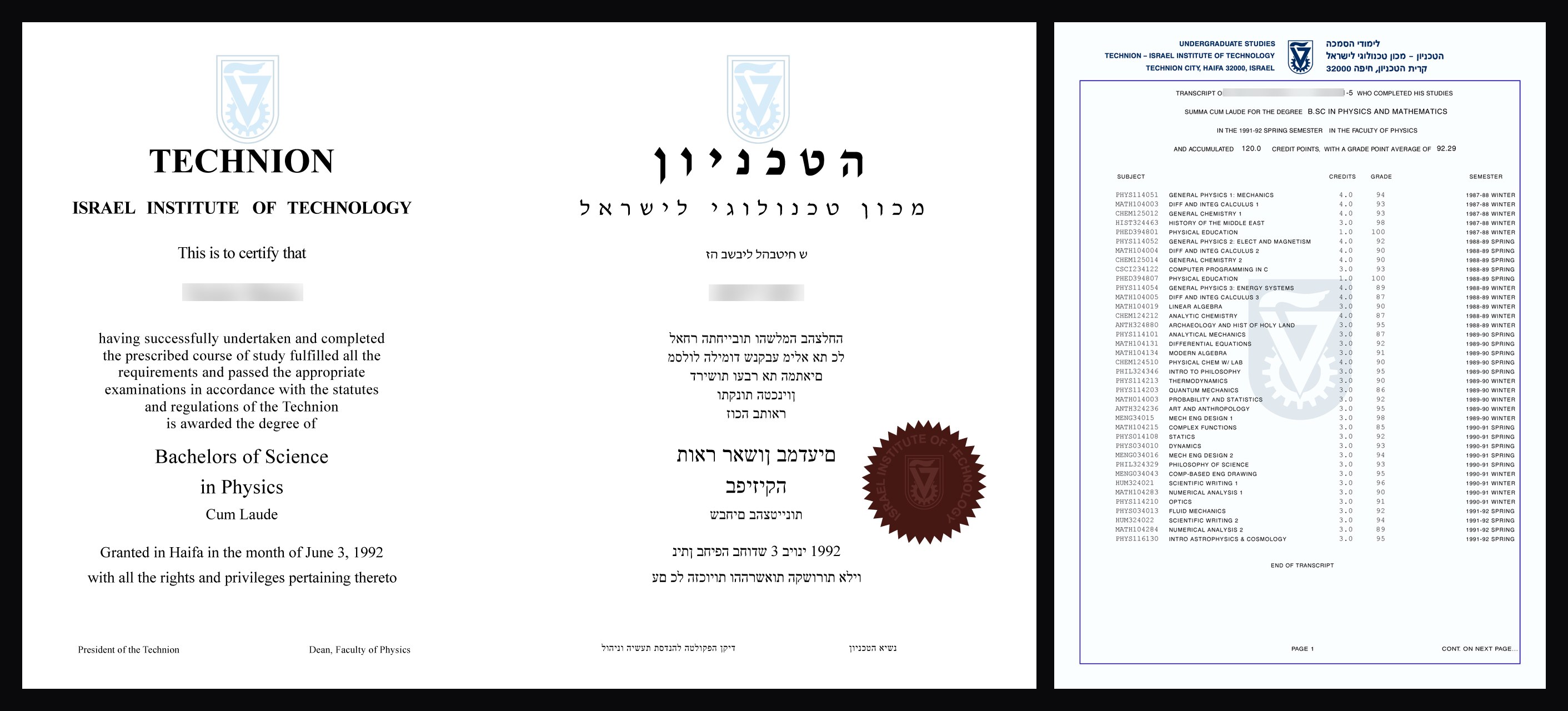 Israel university diploma and transcript sample