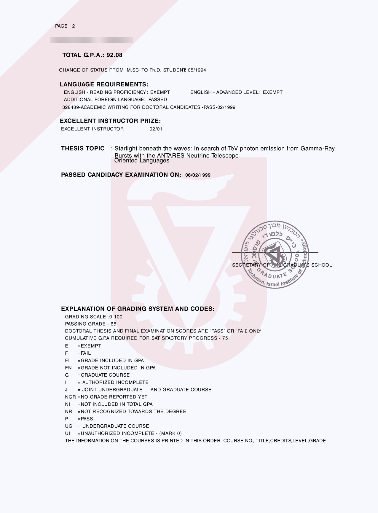 Israel university graduate transcript page 2 sample