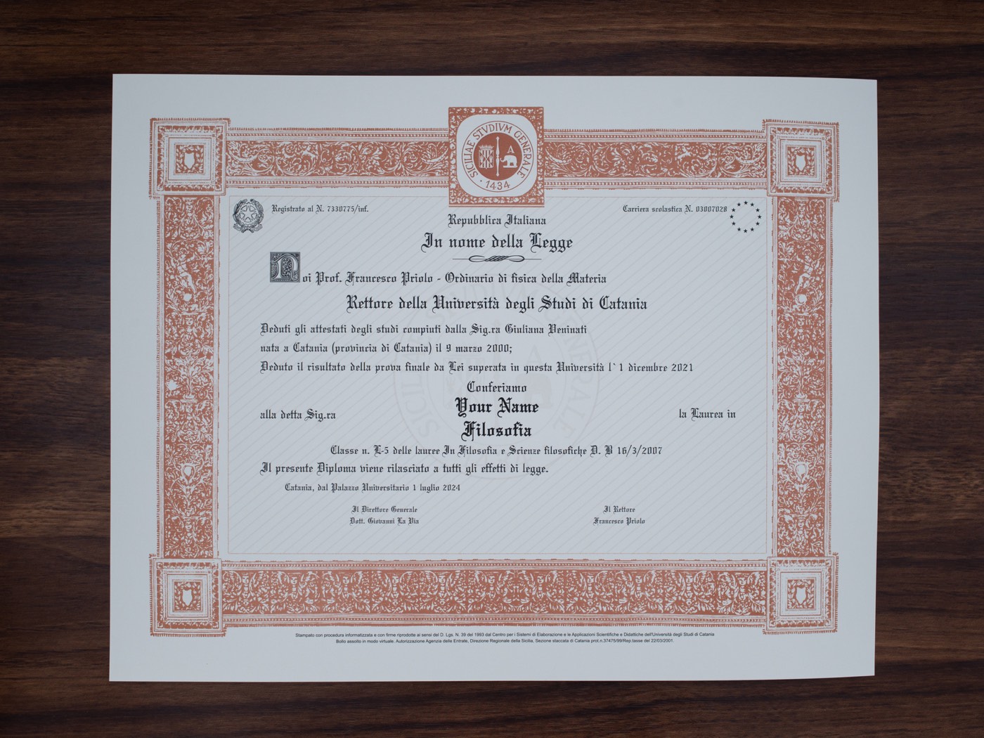 Università degli Studi di Catania diploma and transcript set sample