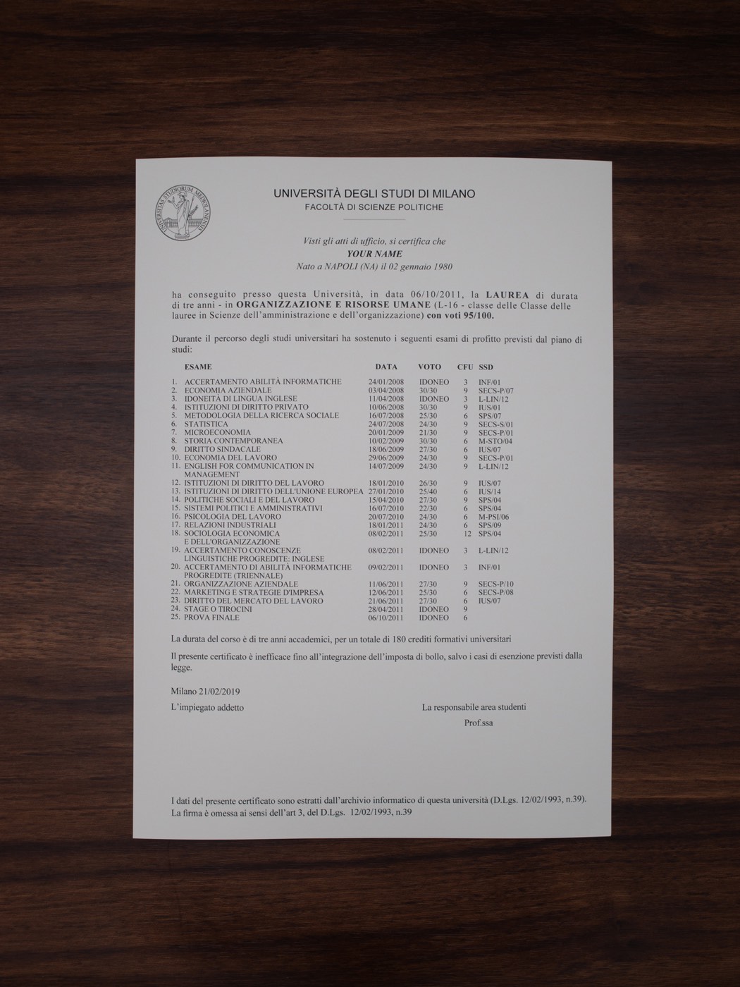 Università degli Studi di Milano match transcript sample