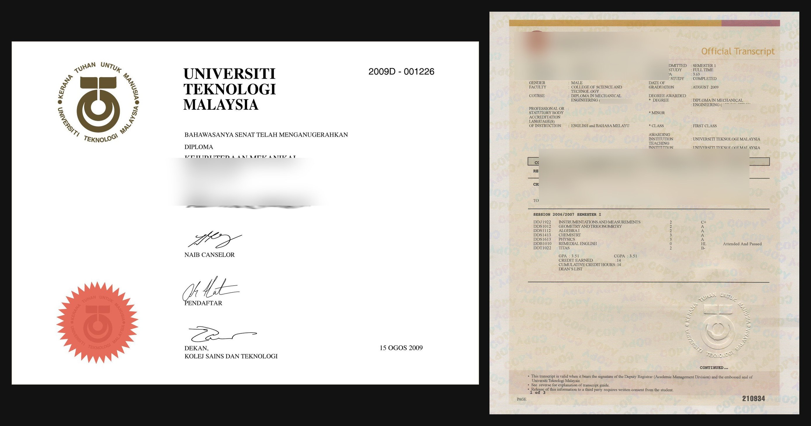 Universiti Teknologi Malaysia diploma and transcript sample