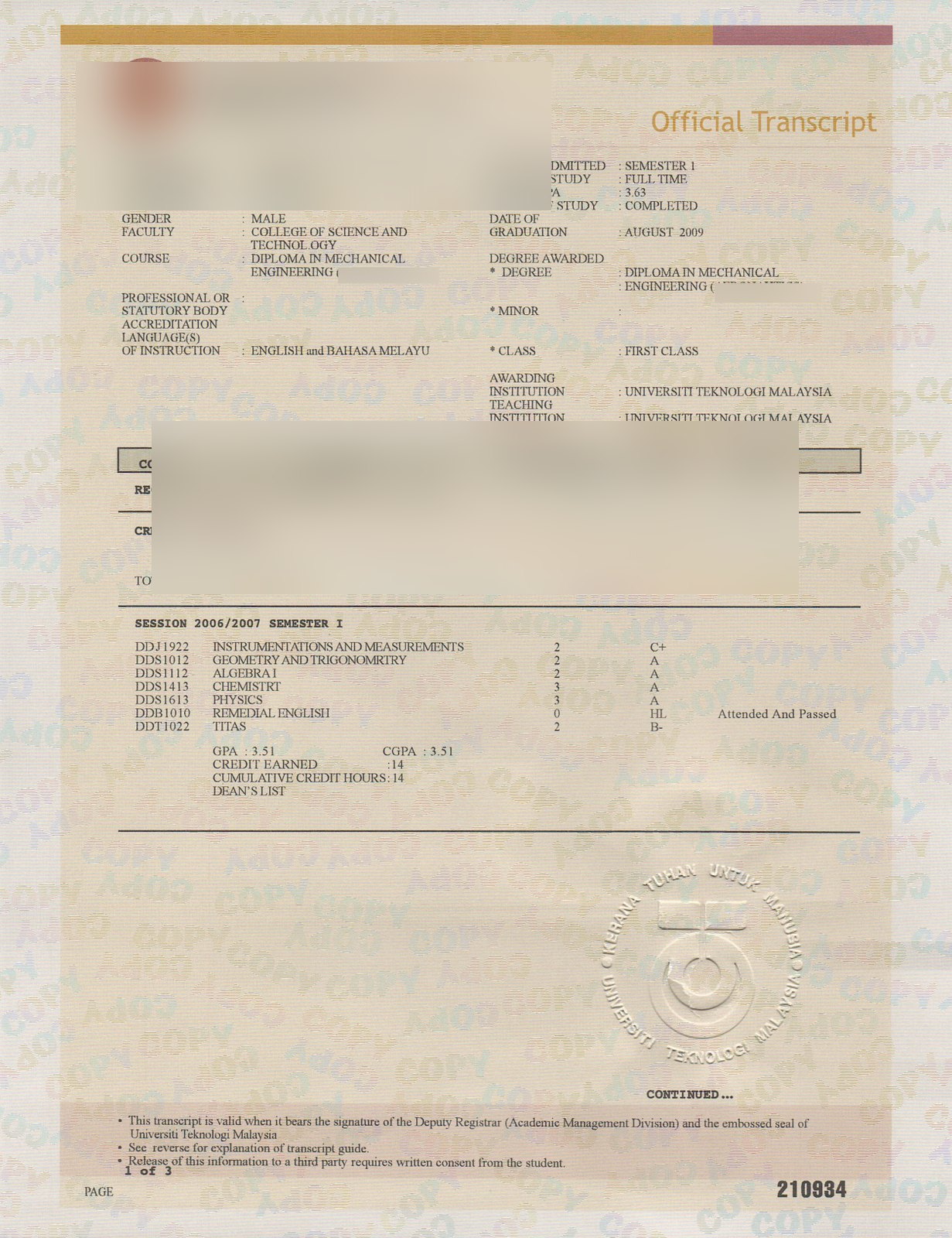 Universiti Teknologi Malaysia official transcript sample
